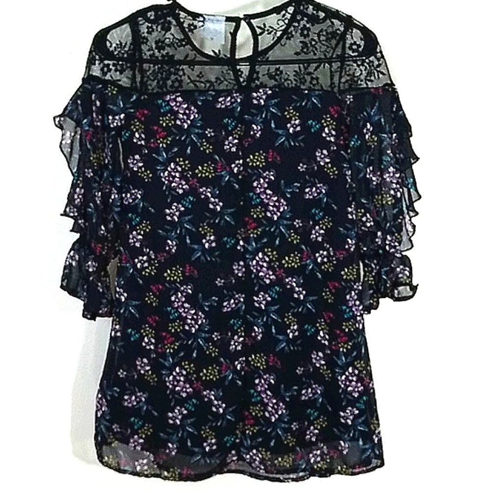 Dress 3/4 long sleeve ruffle lace floral print lined chiffon Whimsigoth Fairy - Picture 4 of 9
